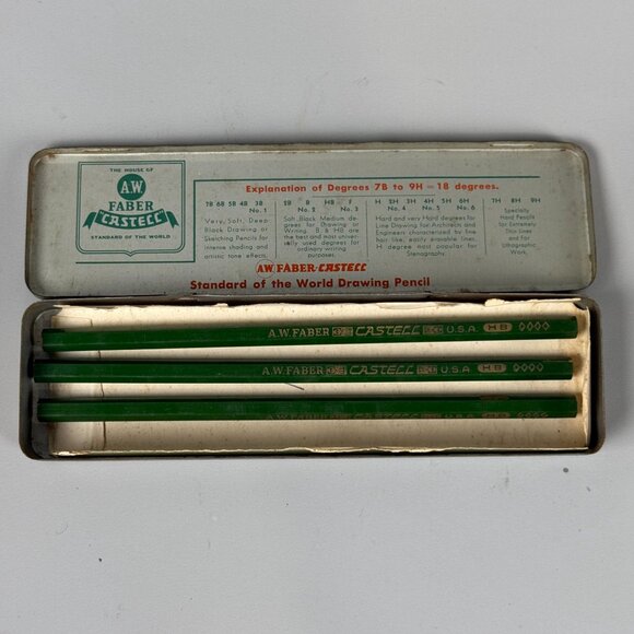 A.W. Faber Castell Vintage 3 Unsharpened Drawing Pencil Set In Metal Tin USA - Picture 2 of 7